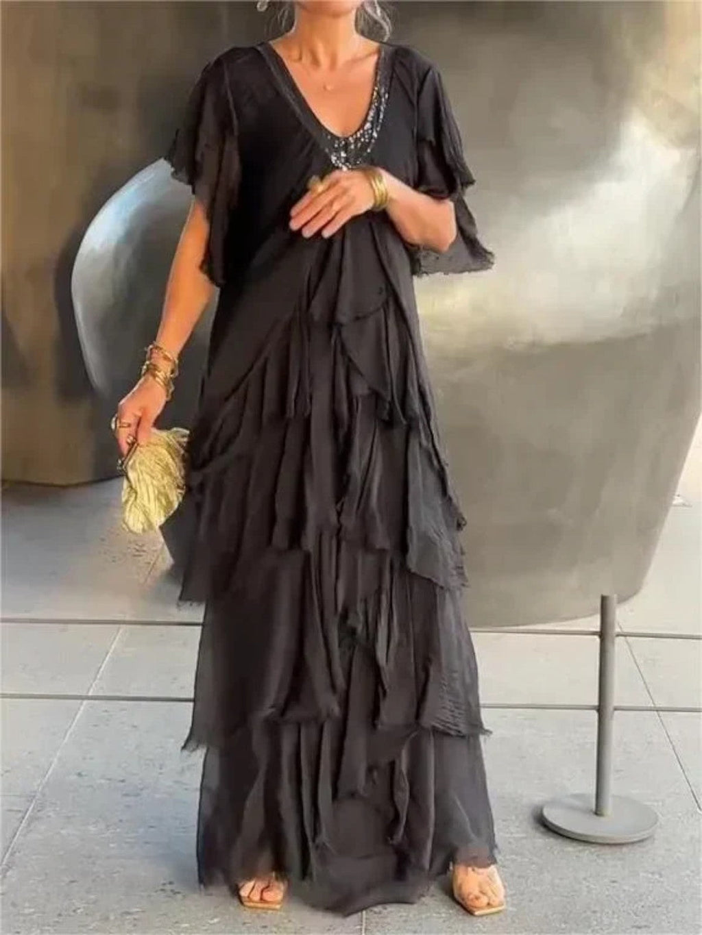 Maya | Ruffled Short Sleeves V-Neck Maxi Dress