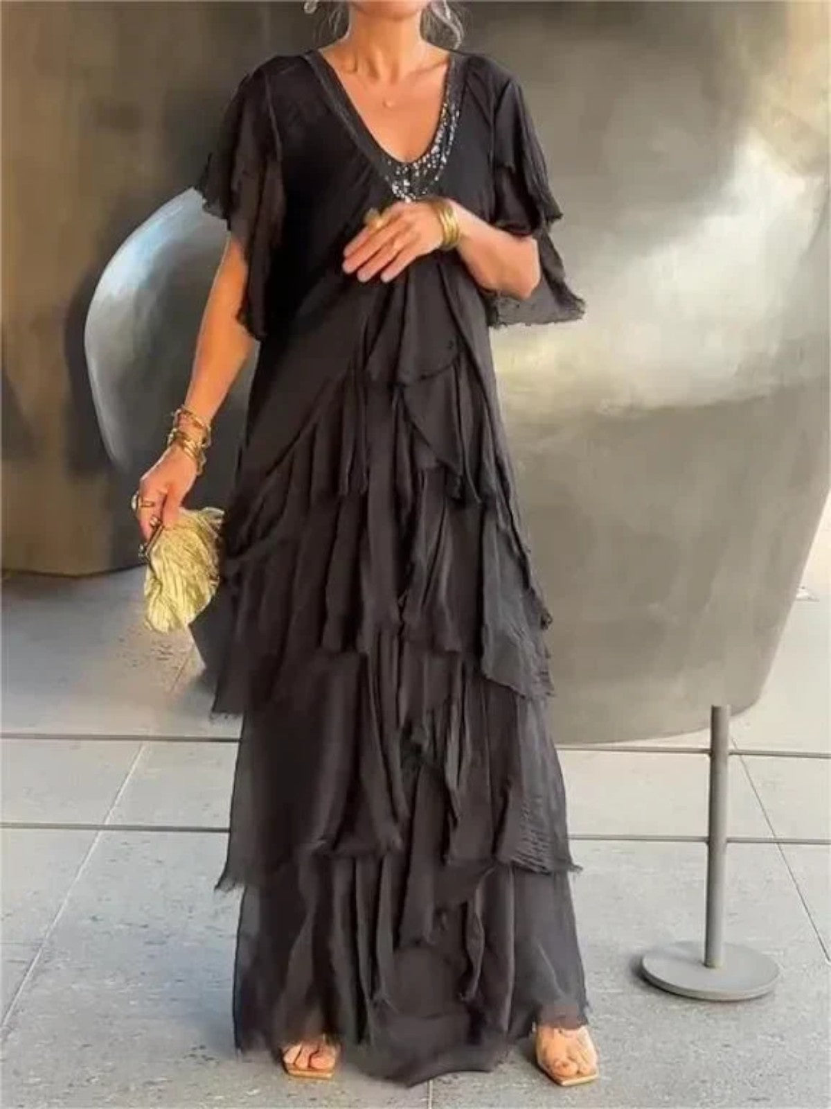 Maya | Ruffled Short Sleeves V-Neck Maxi Dress