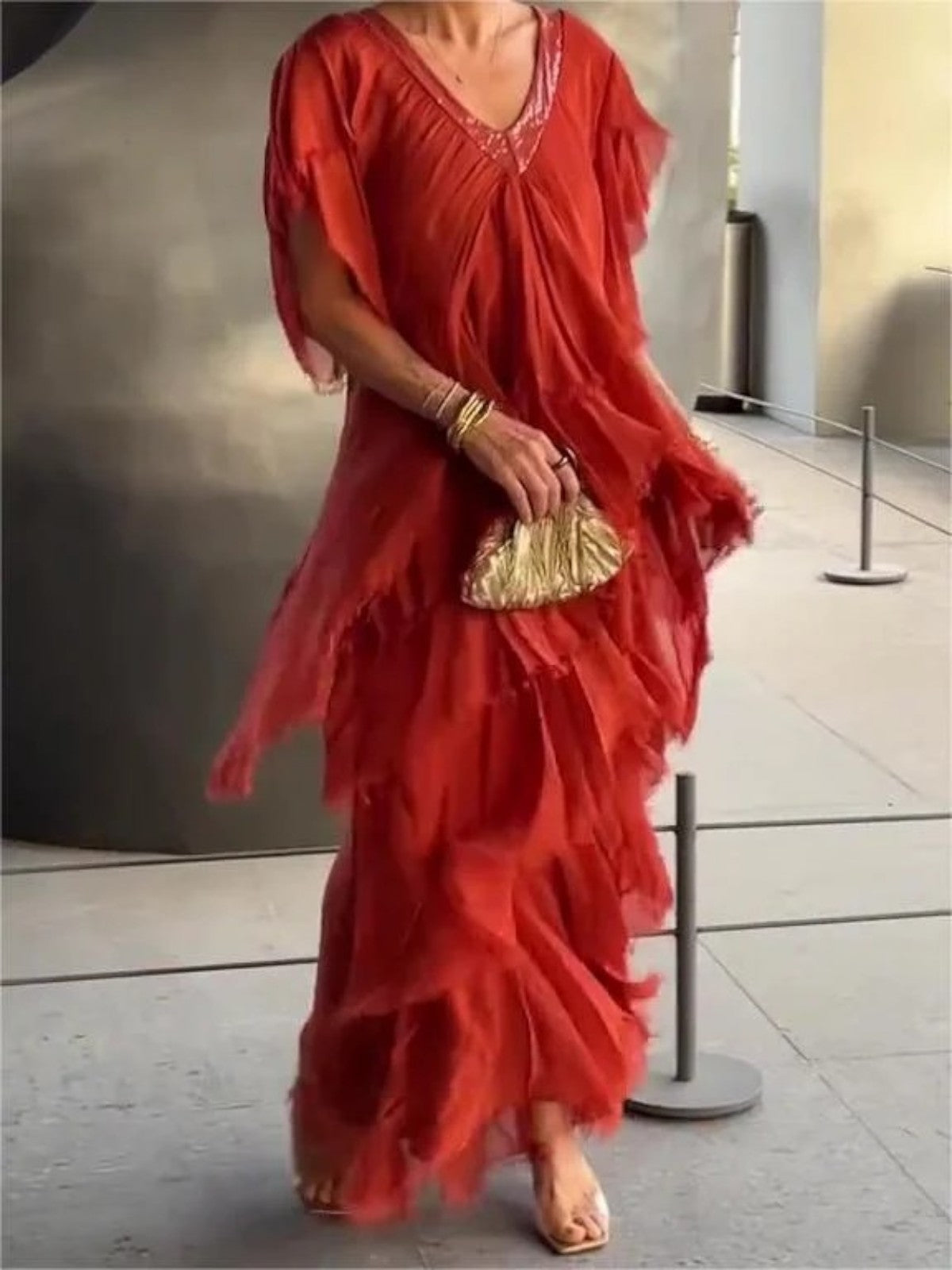 Maya | Ruffled Short Sleeves V-Neck Maxi Dress