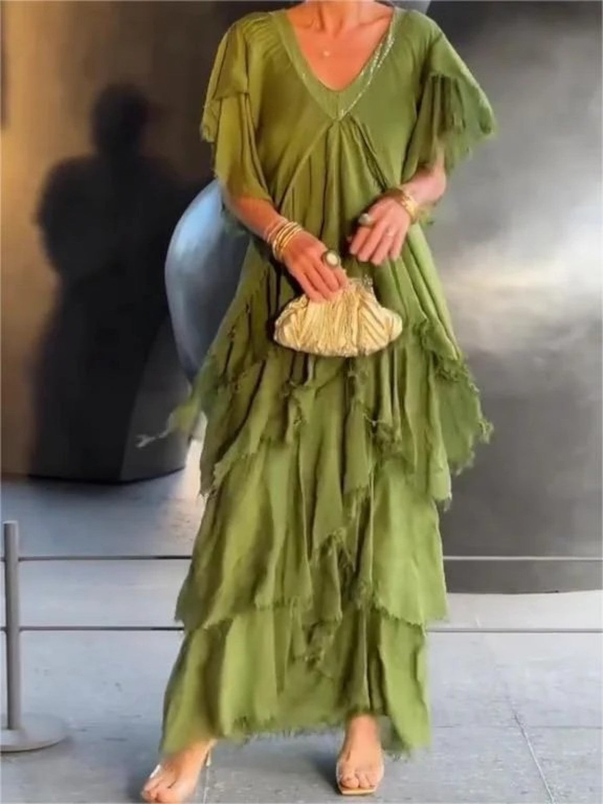 Maya | Ruffled Short Sleeves V-Neck Maxi Dress
