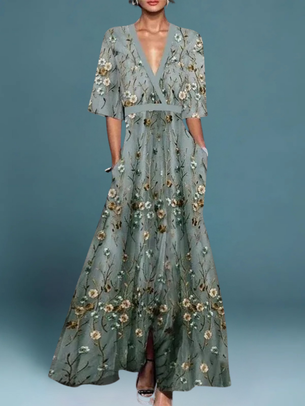 Haily | Elegant V-Neck Belted Boho Dress