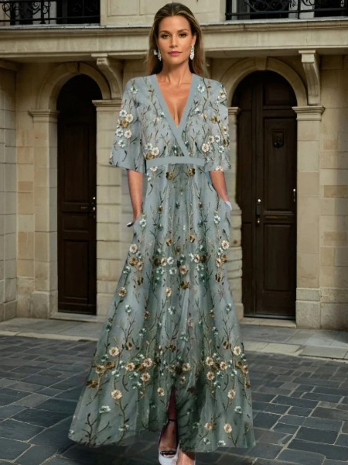 Haily | Elegant V-Neck Belted Boho Dress