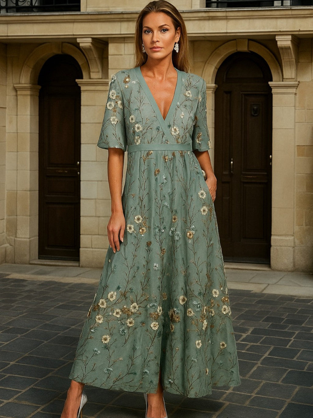 Haily | Elegant V-Neck Belted Boho Dress